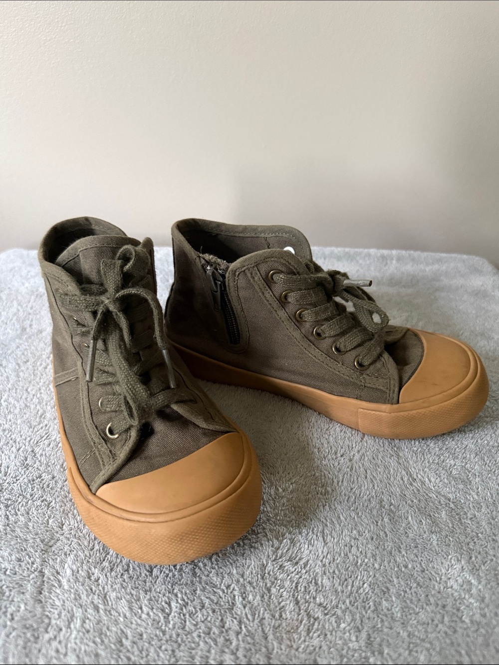 Olive Green Canvas High-Top Sneakers with Tan Rubber Sole